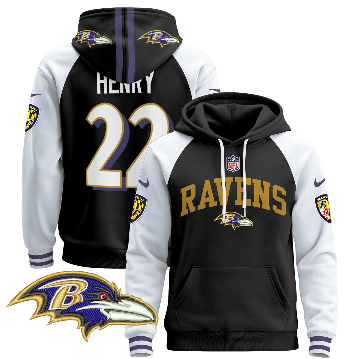 Men's Baltimore Ravens 2024 Pullover Hoodie V2 - All Stitched - Black Alternate - Derrick Henry — view 1
