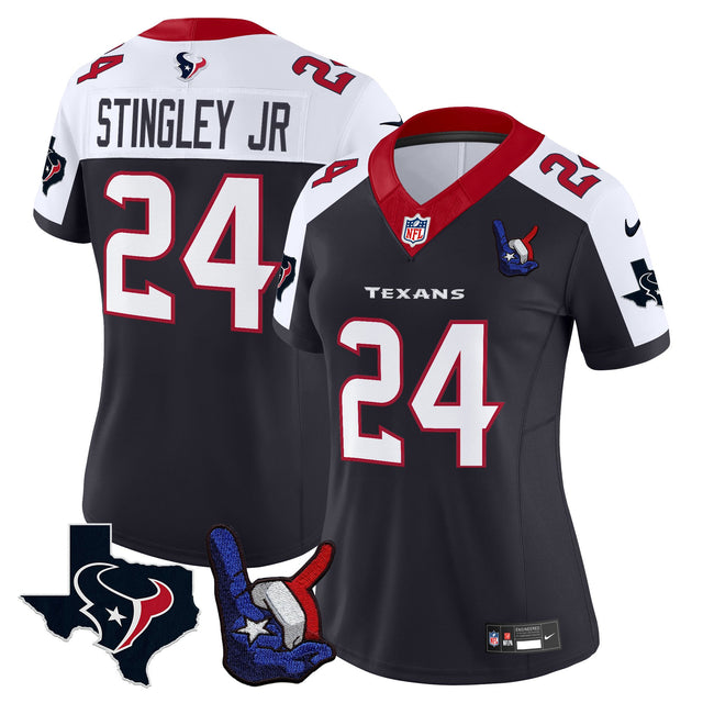 Women's Houston Texans Hand Sign Throwing Up The H Vapor Jersey - All Stitched - Navy Alternate - Derek Stingley Jr — view 1