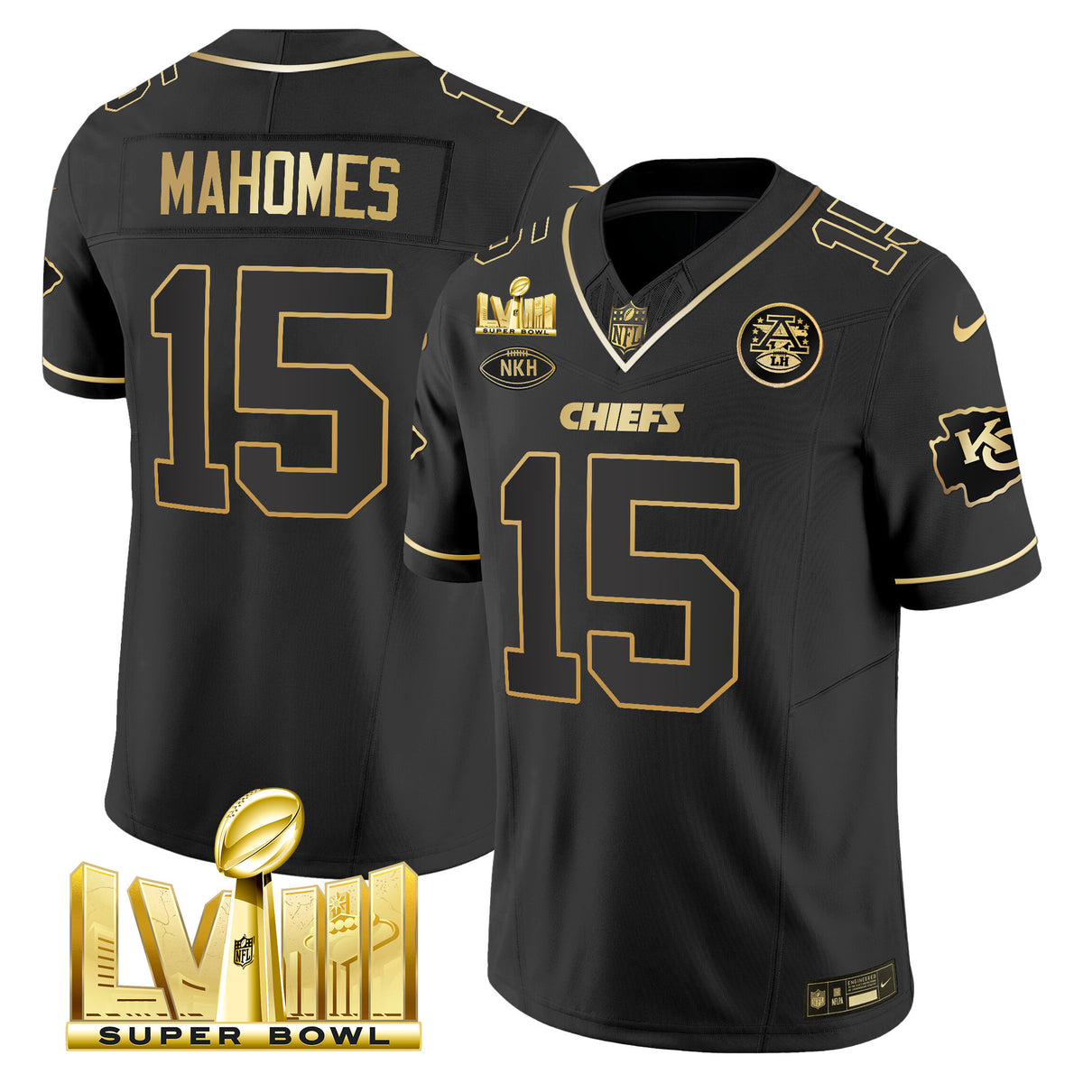 Men's Chiefs Super Bowl LVIII Gold Patch Vapor Jersey V3 - All Stitched - Black Gold - Patrick Mahomes — view 1