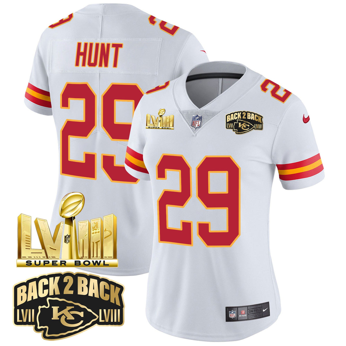 Women's Chiefs Super Bowl LVIII & Back 2 Back Gold Patch Vapor Jersey - All Stitched - White - Kareem Hunt — view 1