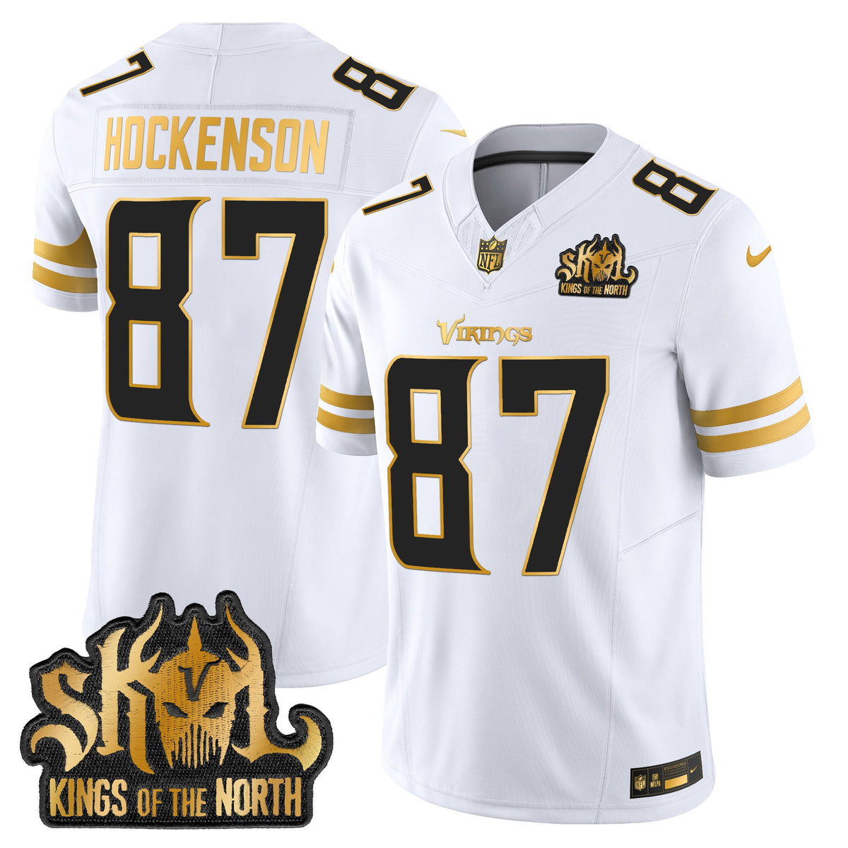 Men's Minnesota Vikings 2025 Gold Vapor Limited Jersey - Kings Of The North Patch - All Stitched - White Gold - T.J.Hockenson — view 1
