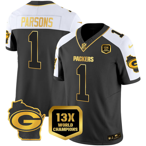 Men's Packers 13 Time World Champions & Home Patch Gold Vapor Jersey – All Stitched - Alternate - Micah Parsons — view 1