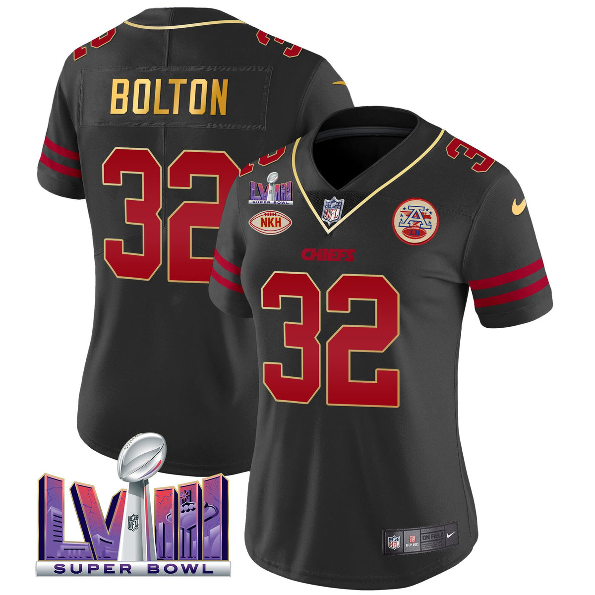 Women's Chiefs Super Bowl LVIII Patch Vapor Jersey V2- All Stitched - Gold Trim - Nick Bolton — view 1