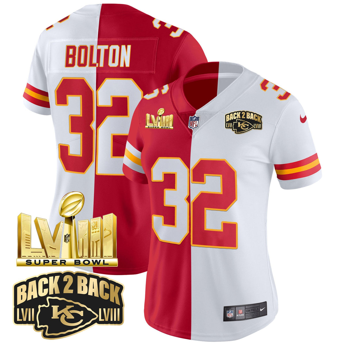 Women's Chiefs Super Bowl LVIII & Back 2 Back Gold Patch Vapor Jersey V2 - All Stitched - Split - Nick Bolton — view 1