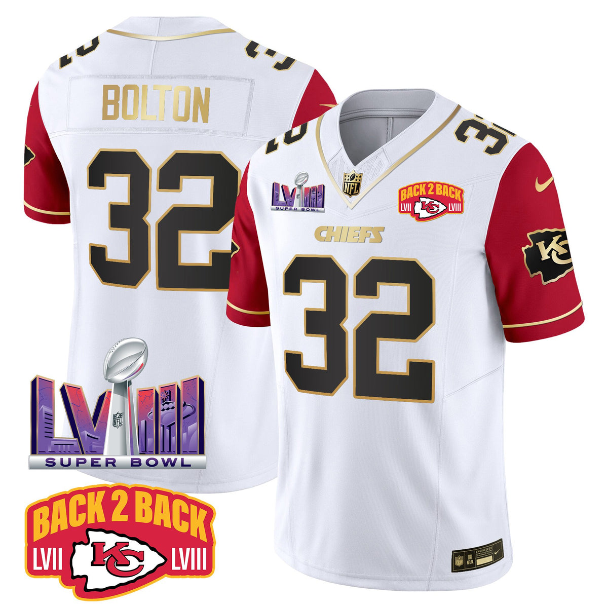 Men's Chiefs Super Bowl LVIII & Back 2 Back Patch Vapor Jersey V2 - All Stitched - Color Sleeves - Nick Bolton — view 1