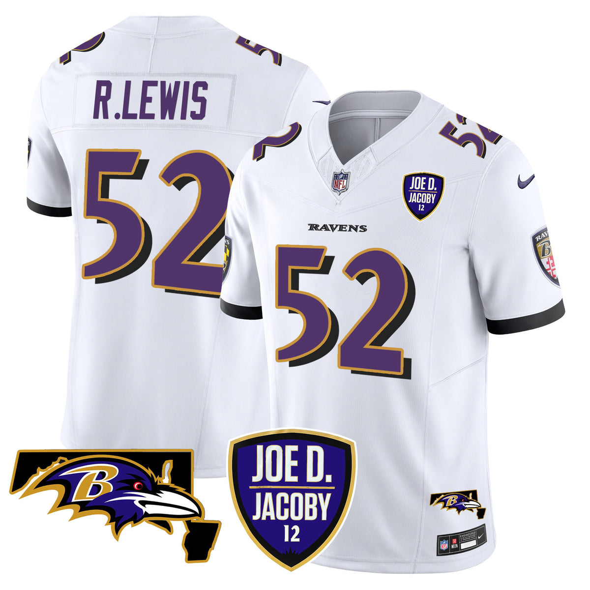 Men's Ravens Joe D & Jacoby Patch Vapor Limited Jersey - All Stitched - White - Ray Lewis — view 1
