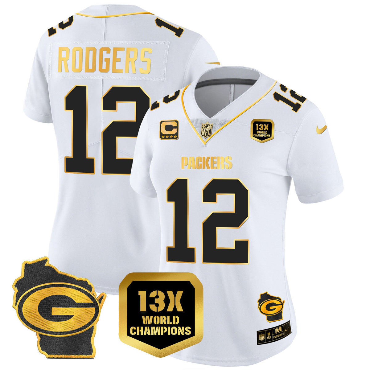 Women's Packers 13 Time World Champions & Home Patch Gold Vapor Jersey – All Stitched - White Gold - Aaron Rodgers — view 1