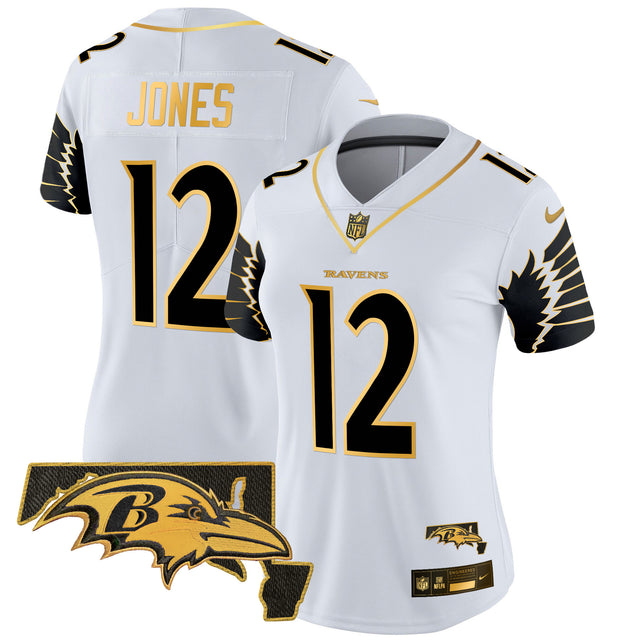 Women's Ravens Maryland Patch Gold Vapor Limited Jersey V2 - All Stitched - White Gold - Jacoby Jones — view 1