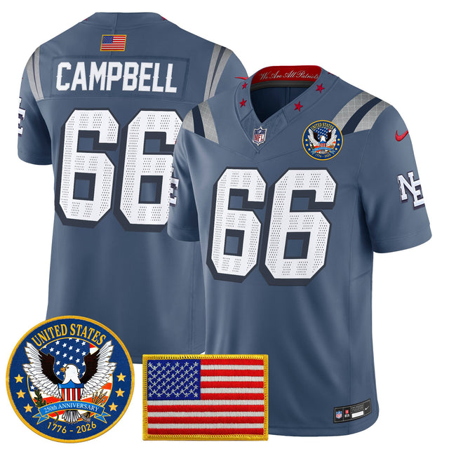Men's New England Patriots United States 250th Anniversary Patch Vapor Limited Jersey - All Stitched - Storm Blue - Will Campbell — view 1