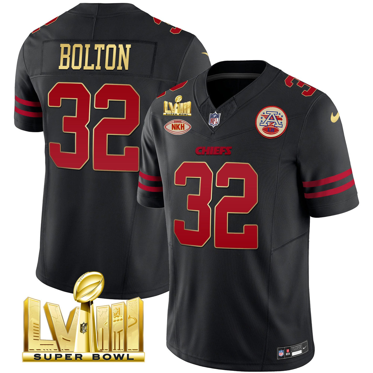 Men's Chiefs Super Bowl LVIII Gold Patch Vapor Jersey V2 - All Stitched - Gold Trim - Nick Bolton — view 1