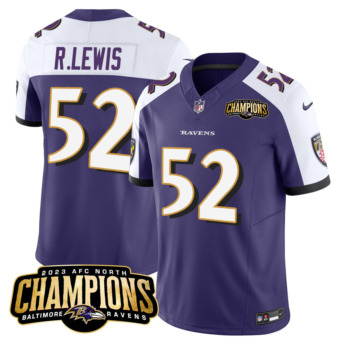 Men's Ravens 2023 AFC North Champions Patch Vapor Limited Jersey - All Stitched - Purple Alternate - Ray Lewis — view 1