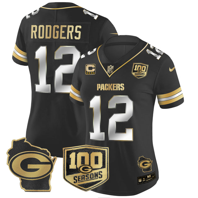 Women's Packers 100th Season & Home Patch Gold Vapor Limited Jersey – All Stitched - Black Limited - Aaron Rodgers — view 1