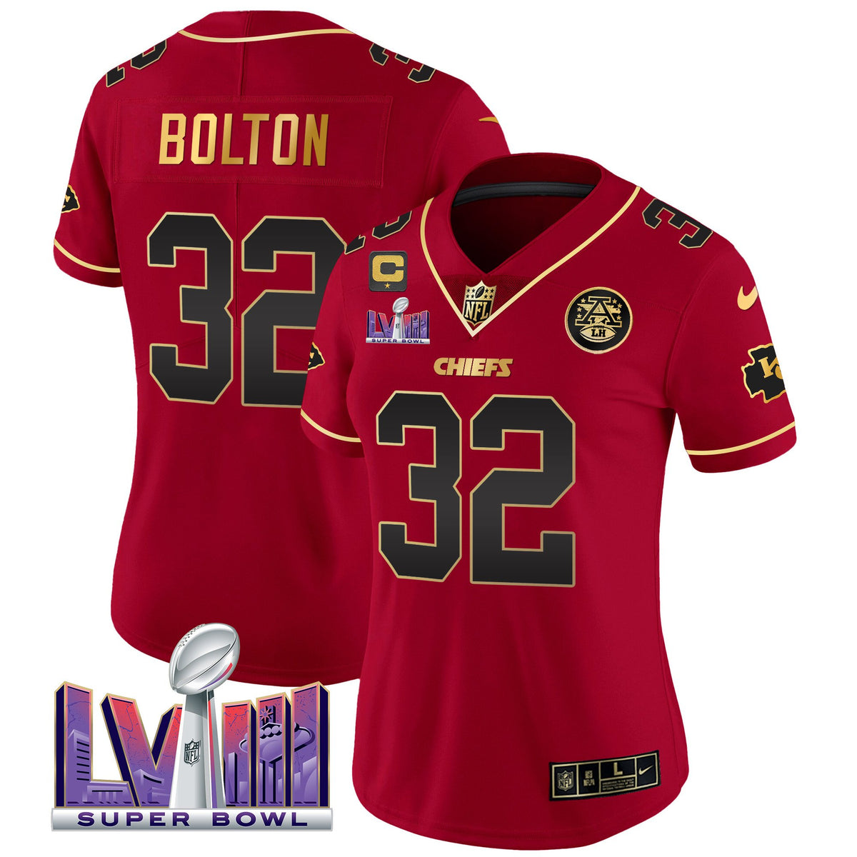 Women's Chiefs Super Bowl LVIII Patch Vapor Jersey V4 - All Stitched - Red Special - Nick Bolton — view 1