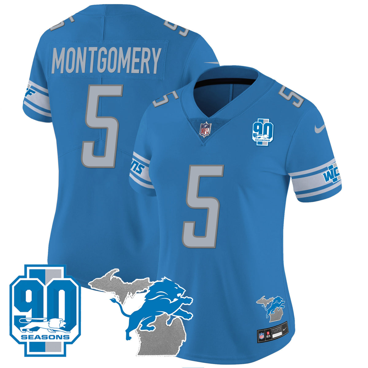 Women's Detroit Lions 90th Year & Michigan Patch Vapor Jersey - All Stitched - Blue - David Montgomery — view 1