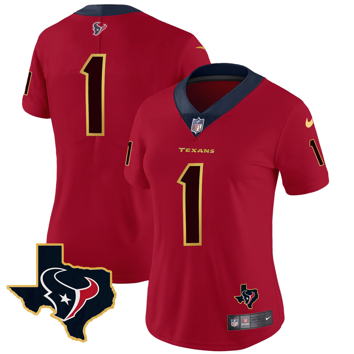 Women's Houston Texans Gold Trim Vapor Jersey - All Stitched - Red - #1 Team — view 1