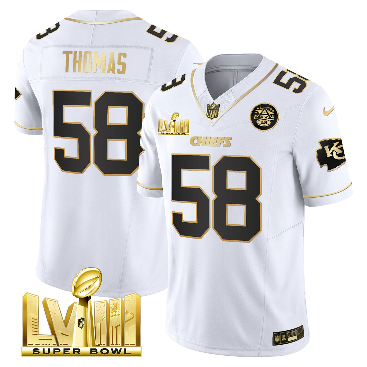 Men's Chiefs Super Bowl LVIII Gold Patch Vapor Jersey V4 - All Stitched - White Gold - Derrick Thomas — view 1