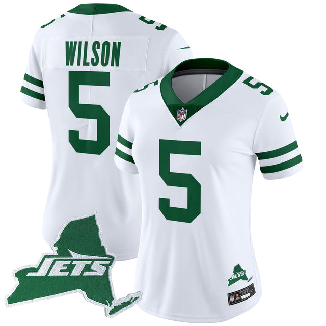 Women's New York Jets Home Patch Vapor Legacy Limited Jersey - All Stitched - White - Garrett Wilson — view 1