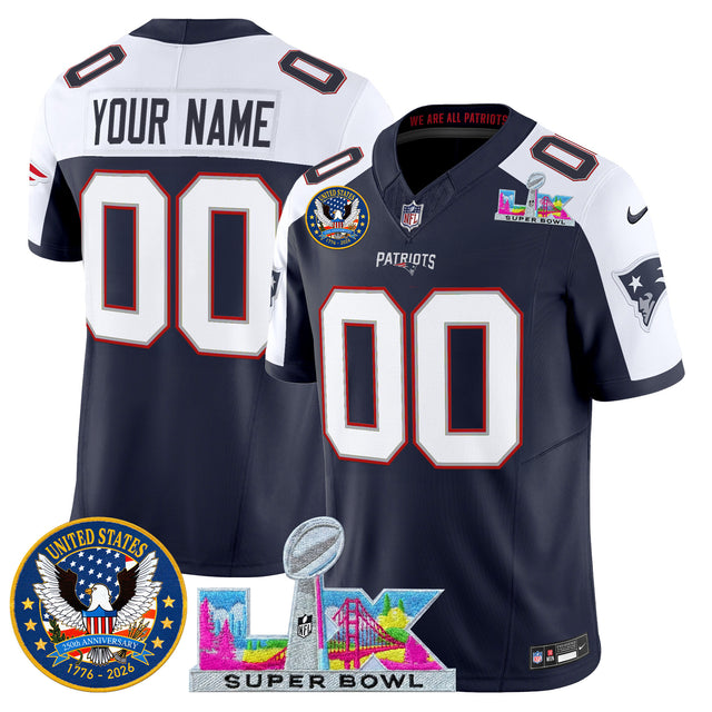 New England Patriots Super Bowl LX & United States 250th Patch Vapor Limited Custom Jersey - All Stitched - Navy Alternate — view 1
