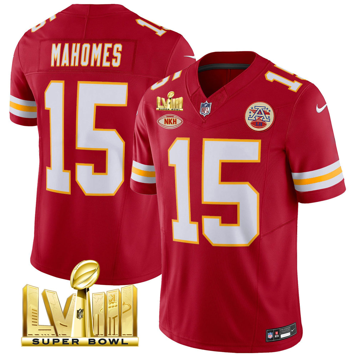 Men's Chiefs Super Bowl LVIII Gold Patch Vapor Jersey V2 - All Stitched - Red - Patrick Mahomes — view 1