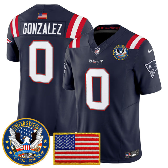 Men's New England Patriots United States 250th Anniversary Patch Vapor Limited Jersey - All Stitched - Navy - Christian Gonzalez — view 1