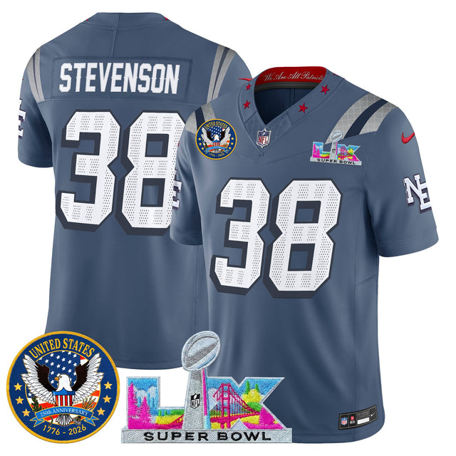 Men's New England Patriots Super Bowl LX & United States 250th Patch Vapor Limited Jersey - All Stitched - Storm Blue - Rhamondre Stevenson — view 1