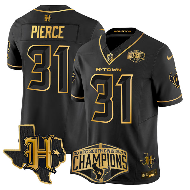 Men's Houston Texans 2024 AFC South Division Champions Patch Gold Vapor Limited Jersey - All Stitched - Black Gold - Dameon Pierce — view 1