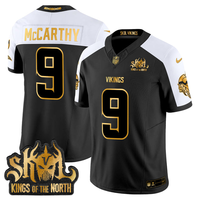 Men's Minnesota Vikings 2024 Winter Warrior Skol Patch Gold Vapor Limited Jersey - All Stitched - Alternate - J.J. McCarthy — view 1