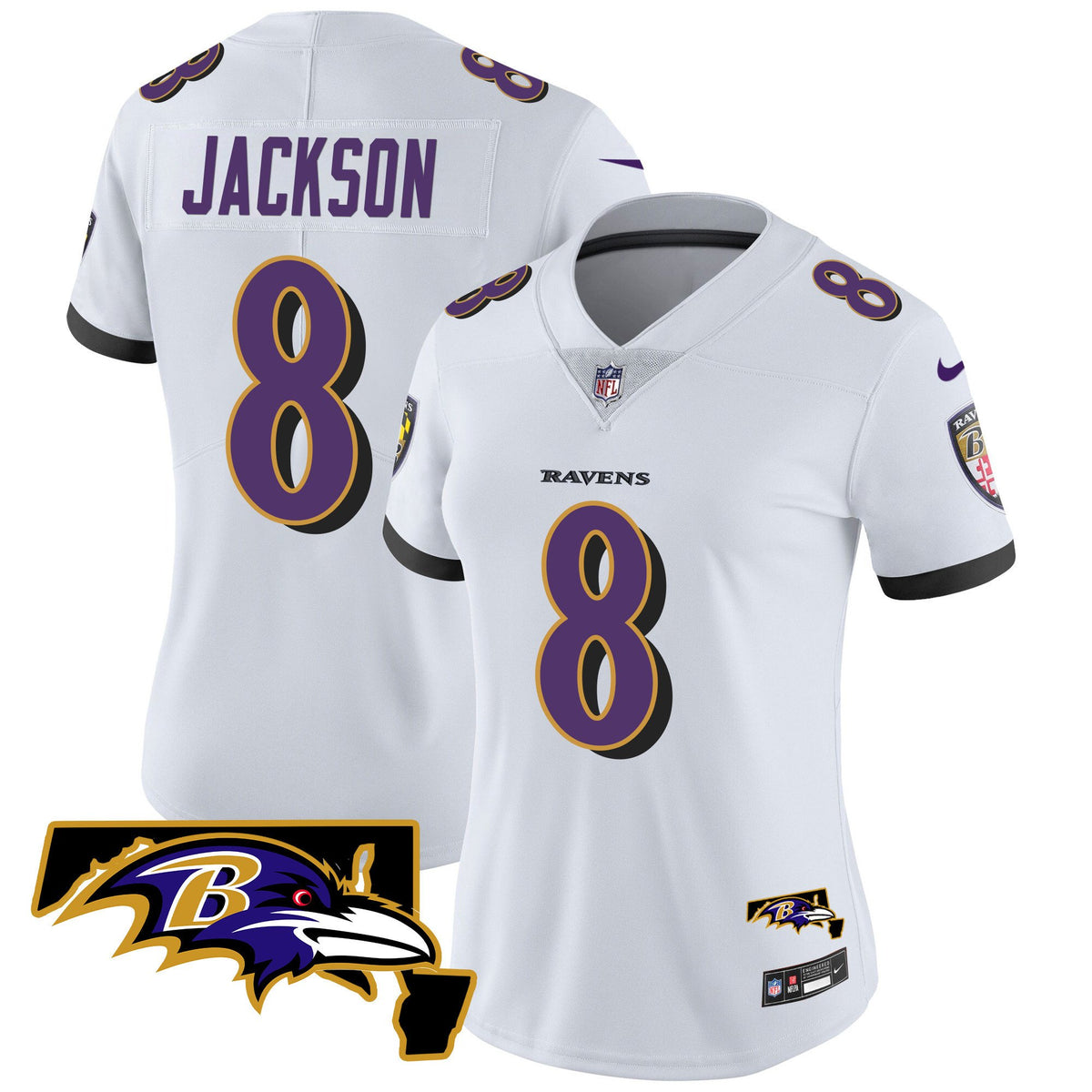 Women's Ravens Maryland Patch Vapor Limited Jersey - All Stitched - White - Lamar Jackson — view 1