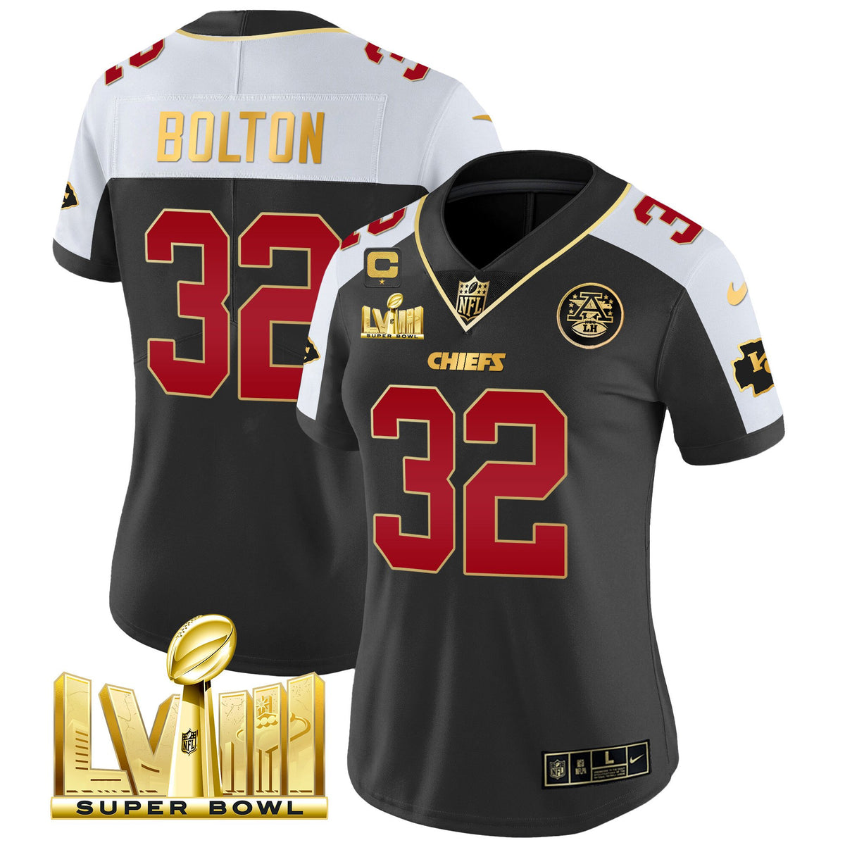 Women's Chiefs Super Bowl LVIII Gold Patch Vapor Jersey - All Stitched - Black Alternate - Nick Bolton — view 1