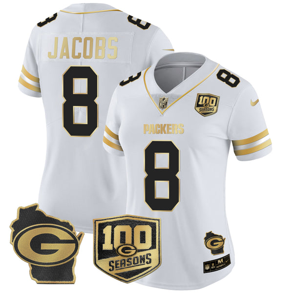 Women's Packers 100th Season & Home Patch Gold Vapor Limited Jersey – All Stitched - White Gold - Josh Jacobs — view 1