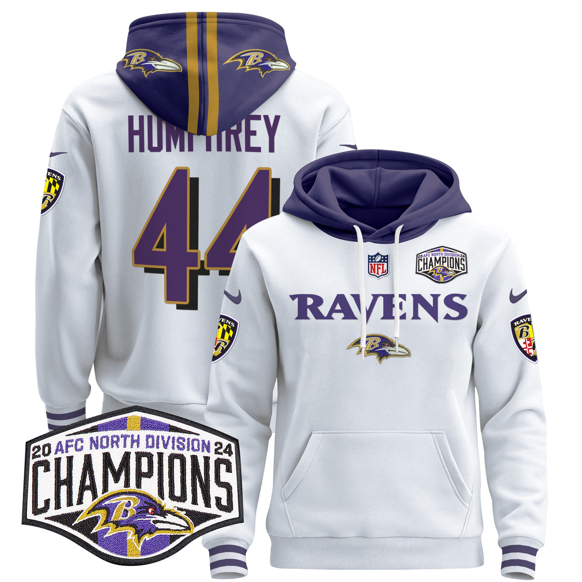 Men's Baltimore Ravens 2024 AFC North Division Champions Patch Pullover Hoodie - All Stitched - White - Marlon Humphrey — view 1
