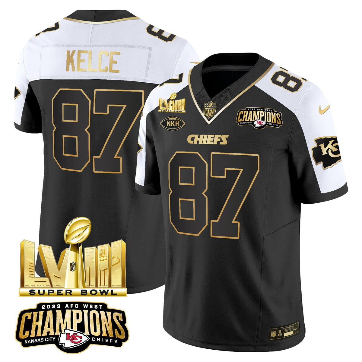 Men's Chiefs AFC West Champions & Super Bowl LVIII Gold Patch Vapor Jersey V2 - All Stitched - Alternate - Travis Kelce — view 1