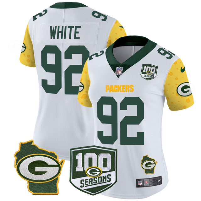 Women's Packers 100th Season & Home Patch Cheese Vapor Limited Jersey – All Stitched - White - Reggie White — view 1