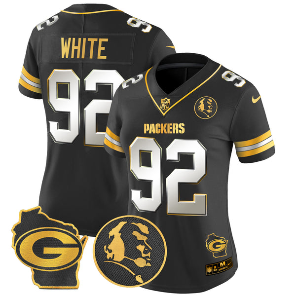 Women's Packers John Madden & Home Patch Gold Vapor Limited Jersey - All Stitched - Black Limited - Reggie White — view 1