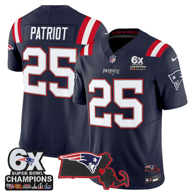 Men's New England Patriots 6-Time Champions & Massachusetts Patch Vapor Limited Jersey - All Stitched - Navy - #25 Patriot — view 1