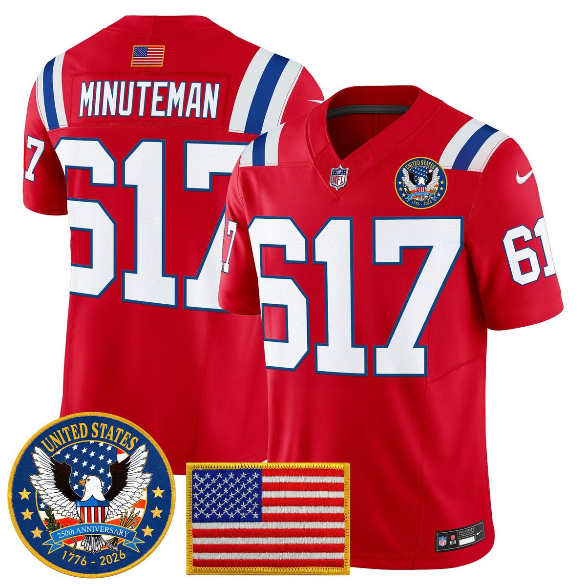 Men's New England Patriots United States 250th Anniversary Patch Vapor Limited Jersey - All Stitched - Red - Minuteman 617 — view 1