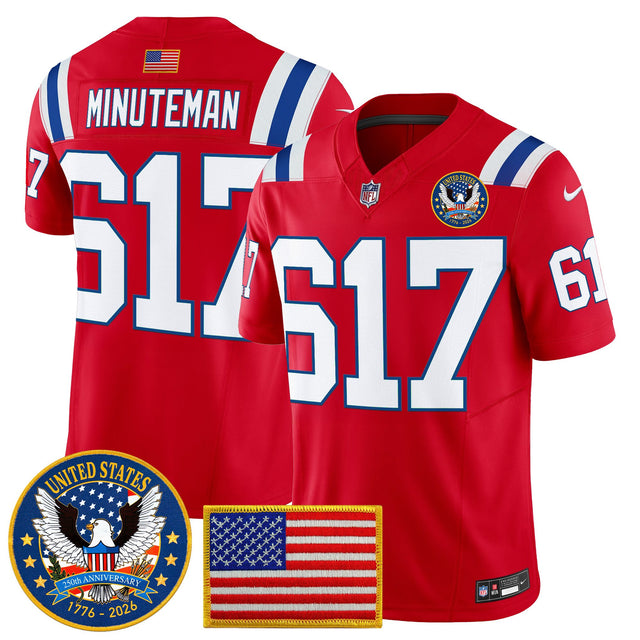 Men's New England Patriots United States 250th Anniversary Patch Vapor Limited Jersey - All Stitched - Red - Minuteman 617 — view 1