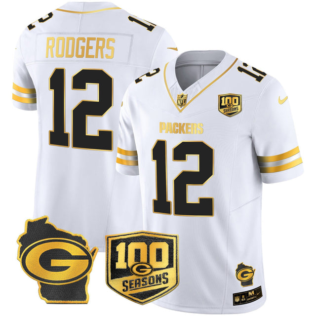 Men's Green Bay Packers 100th Season & Home Patch Gold Vapor Limited Jersey – All Stitched - White Gold - Aaron Rodgers — view 1
