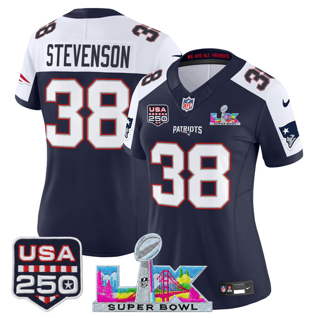 Women's New England Patriots Super Bowl LX & United States 250th Anniversary Patch Vapor Limi ~63b3501f - Navy Alternate - Rhamondre Stevenson — view 1