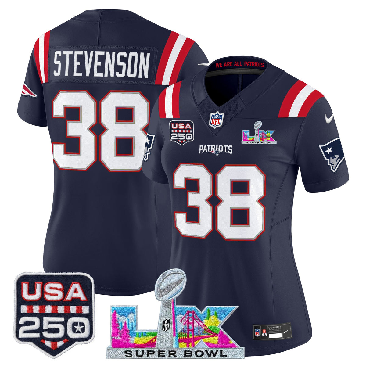 Women's New England Patriots Super Bowl LX & United States 250th Anniversary Patch Vapor Limited Jersey ~63b3501f - Navy - Rhamondre Stevenson — view 1