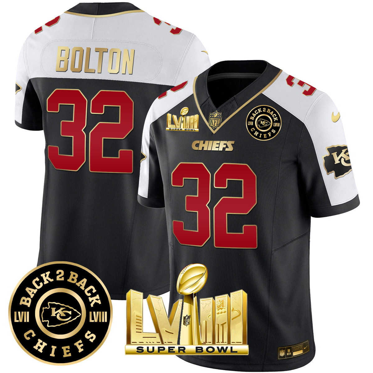 Men's Chiefs Super Bowl LVIII & Back 2 Back Patch Vapor Jersey V3 - All Stitched - Black Alternate - Nick Bolton — view 1