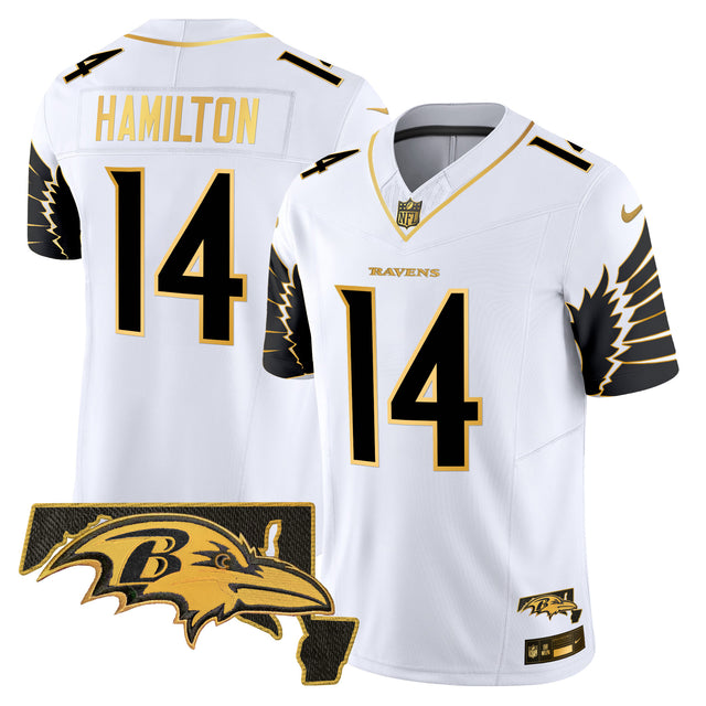 Men's Ravens Maryland Patch Gold Vapor Limited Jersey V2 - All Stitched - White Gold - Kyle Hamilton — view 1