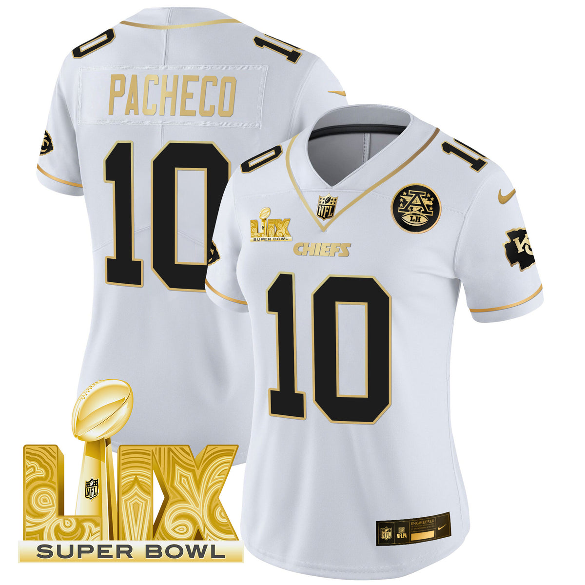 Women's Chiefs Super Bowl LIX Patch Gold Vapor Limited Jersey - All Stitched - White Gold - Isiah Pacheco — view 1