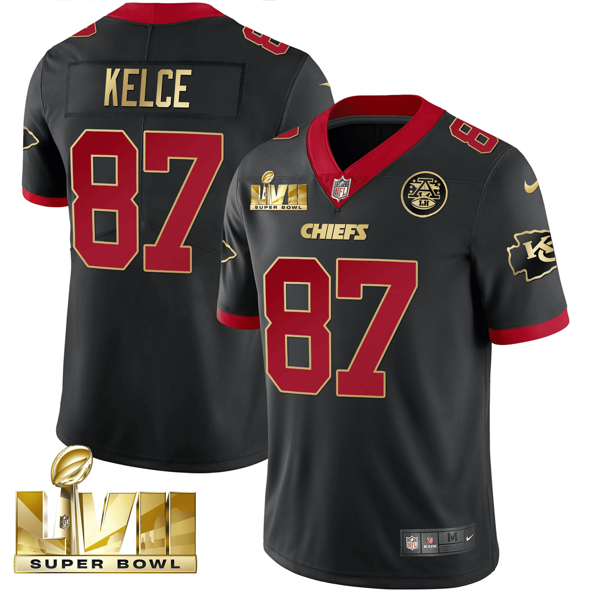 Men's Chiefs Super Bowl LVII Gold Trim Vapor V2 Jersey - All Stitched - Black - Travis Kelce — view 1