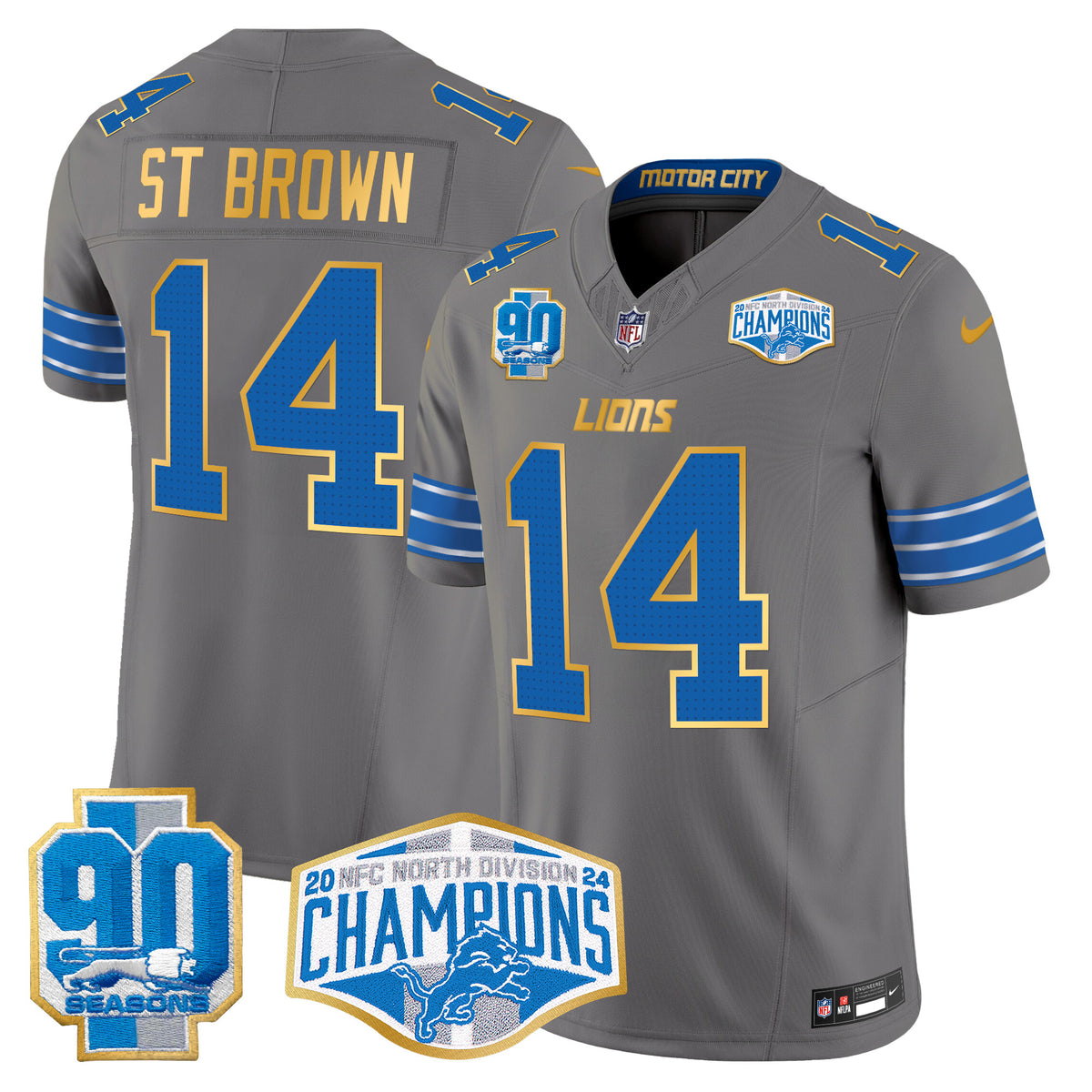 Men's Detroit Lions 2024 NFC North Division Champions Patch Gold Trim Vapor Limited Jersey - All Stitched - Gray - St. Brown — view 1