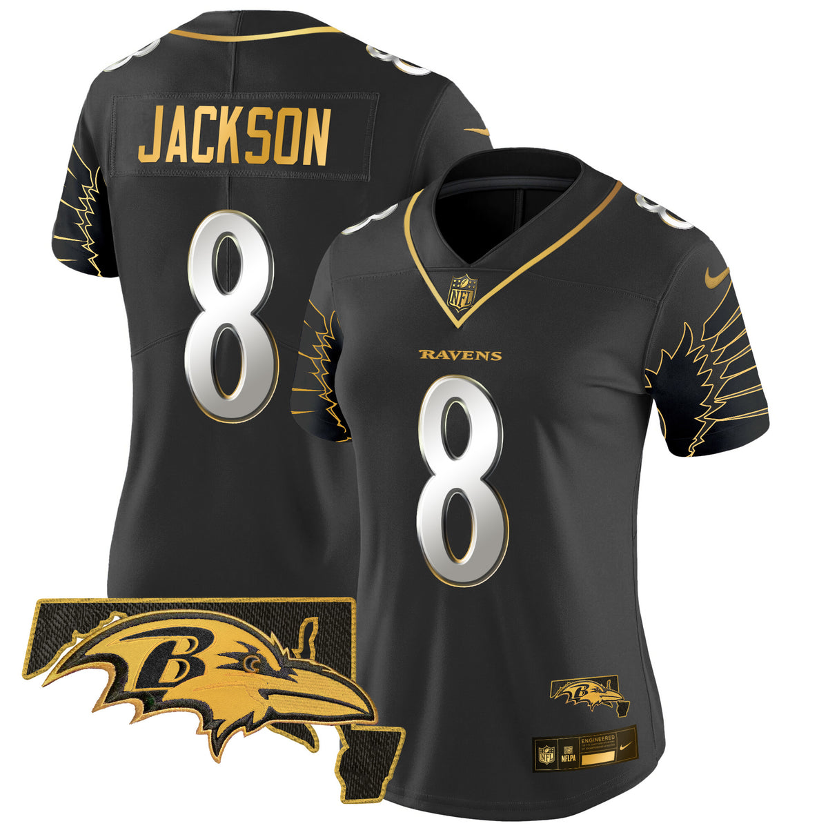Women's Ravens Maryland Patch Gold Vapor Limited Jersey V2 - All Stitched - Black Limited - Lamar Jackson — view 1