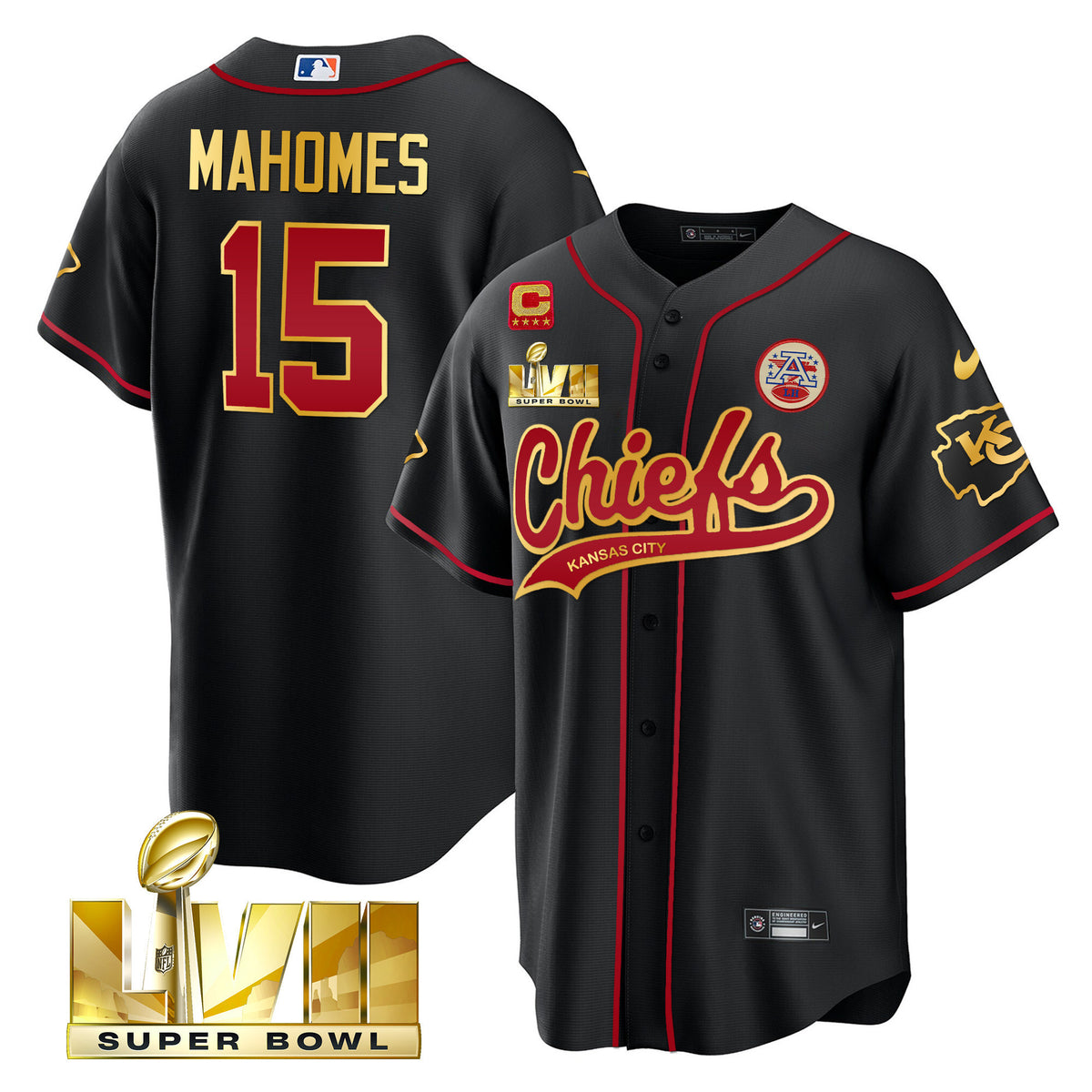Men's Chiefs Super Bowl LVII Cool Base Jersey V2 - All Stitched - Black Gold Trim - Patrick Mahomes — view 1