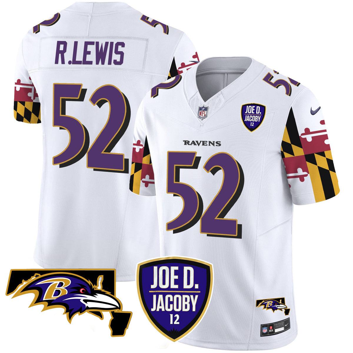 Men's Ravens Joe D & Jacoby Patch Vapor Limited Jersey V2 - All Stitched - White - Ray Lewis — view 1