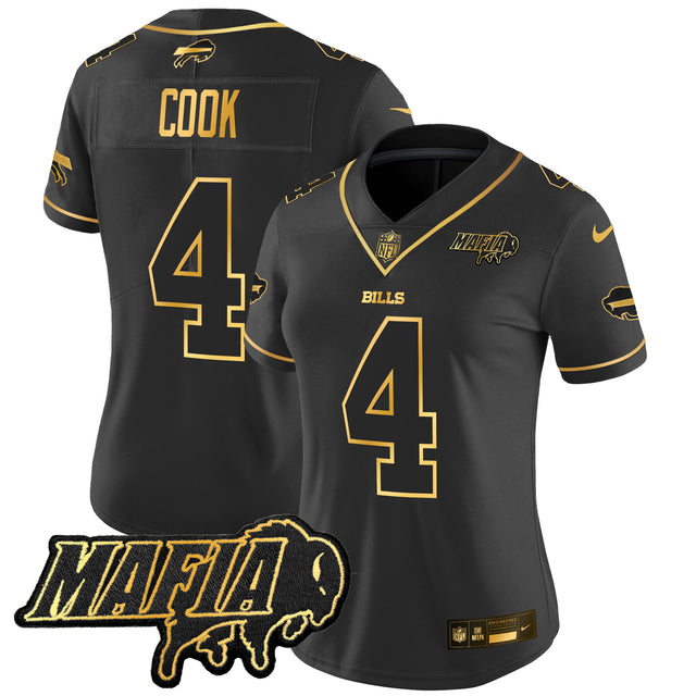 Women's Buffalo Bills 2025 Bills Mafia Patch Gold Vapor Limited Jersey - All Stitched - Black Gold - James Cook — view 1