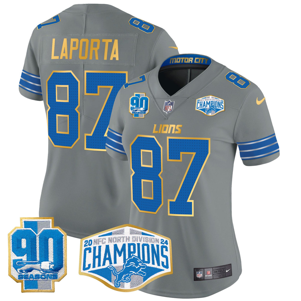 Women's Detroit Lions 2024 NFC North Division Champions Patch Gold Trim Vapor Limited Jersey - All Stitched - Gray - Sam Laporta — view 1